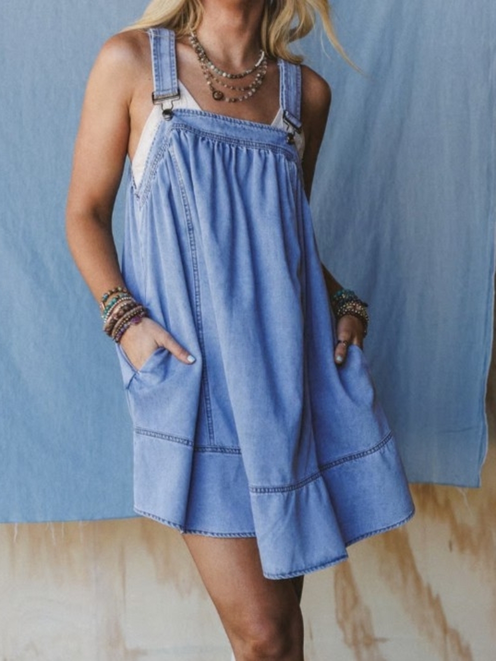 Liatocle Light Blue Denim Mini Pinafore Dress, SZ L, NWT